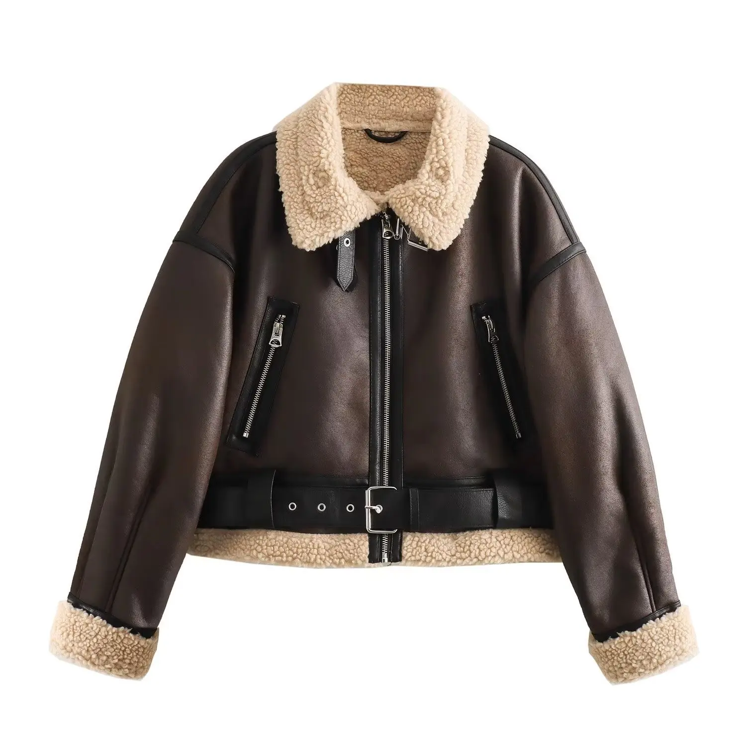 Autumn/Winter Double Sided Short Jacket Fashion Turn-Down Collar Shearling Lamb Fur Parka Streetwear Motorcycle Coat