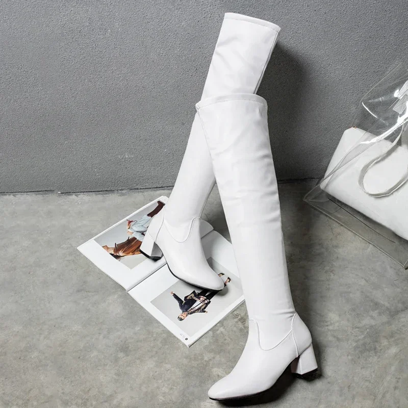 Stivali alti alla coscia classici donna autunno inverno tacco medio quadrato stivali sopra il ginocchio scarpe bianche Balck donna taglie forti