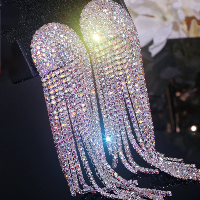 New Sparkling Full Rhinestone Oversize Tassel Earrings for Women Dinner Party Drop Dangle Crystal Earrings Wedding Jewelry Gifts