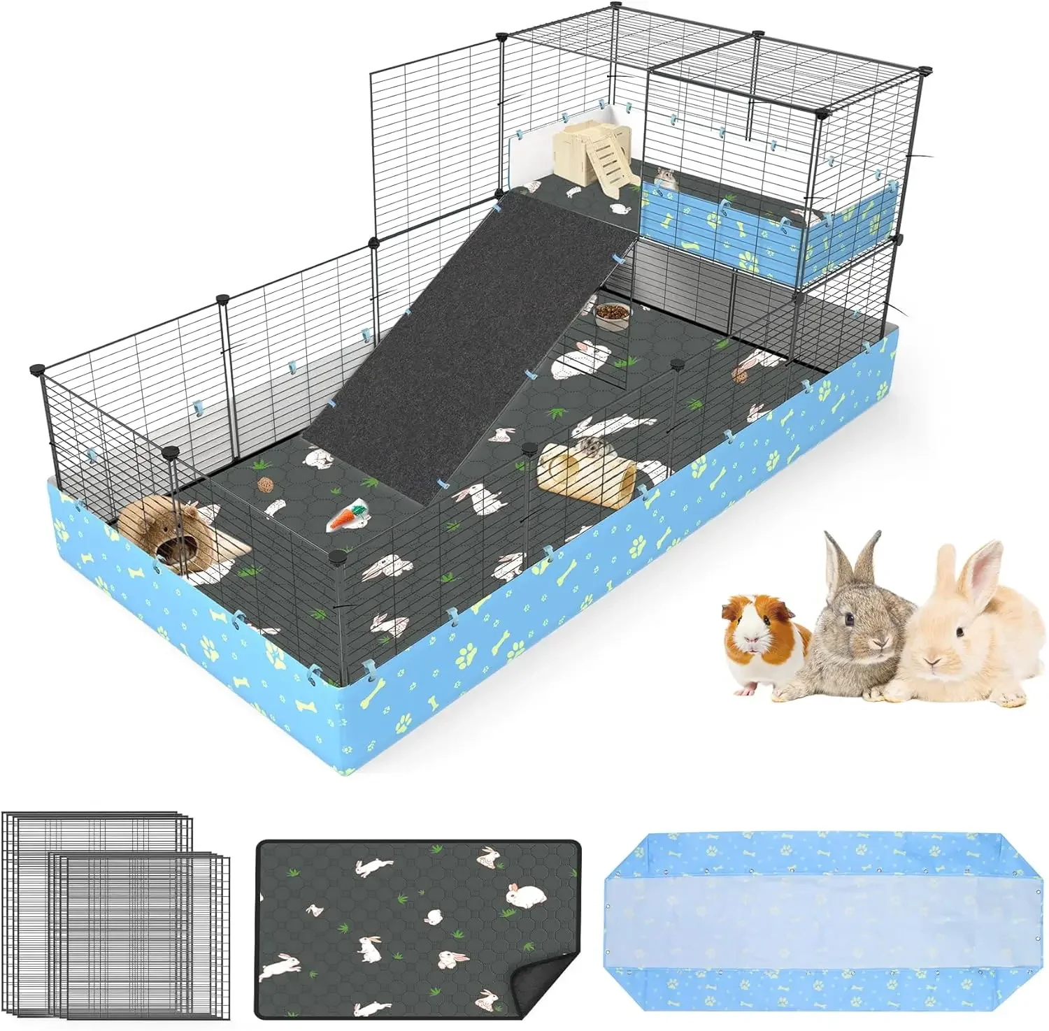 

Guinea Pig Cages with Tarp and Bedding Pee Pad Liner, 2-Story Large Guinea Pig Playpen C&C Loft Cage for 2 Rabbit Bunny Chinchil
