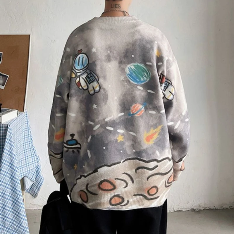 เสื้อสเวตเตอร์พิมพ์ลายสำหรับผู้ชายทรงหลวมเสื้อสเวตเตอร์ถักคู่แนวสตรีทฮิปฮอปแฟชั่นฤดูใบไม้ร่วงฤดูหนาว