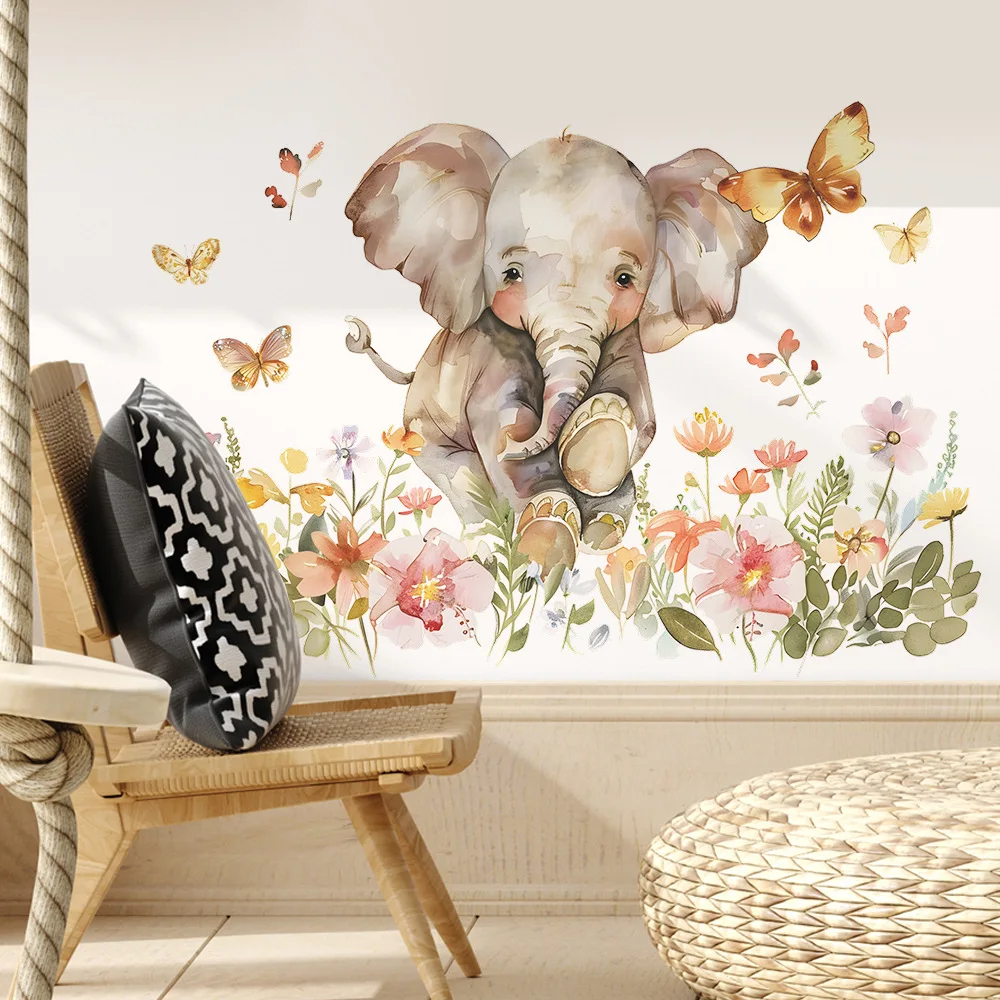 Watercolor Elephant Butterfly Flower Wall Sticker Kids Room Background Decoration Mural Bedroom Home Decor Removable Wallpaper