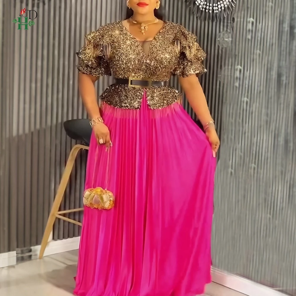 

H&D африканское женское вечернее платье с v-образным вырезом и пайетками, короткие расклешенные рукава и плиссированное платье макси для свадеб, фестивалей и вечеринок