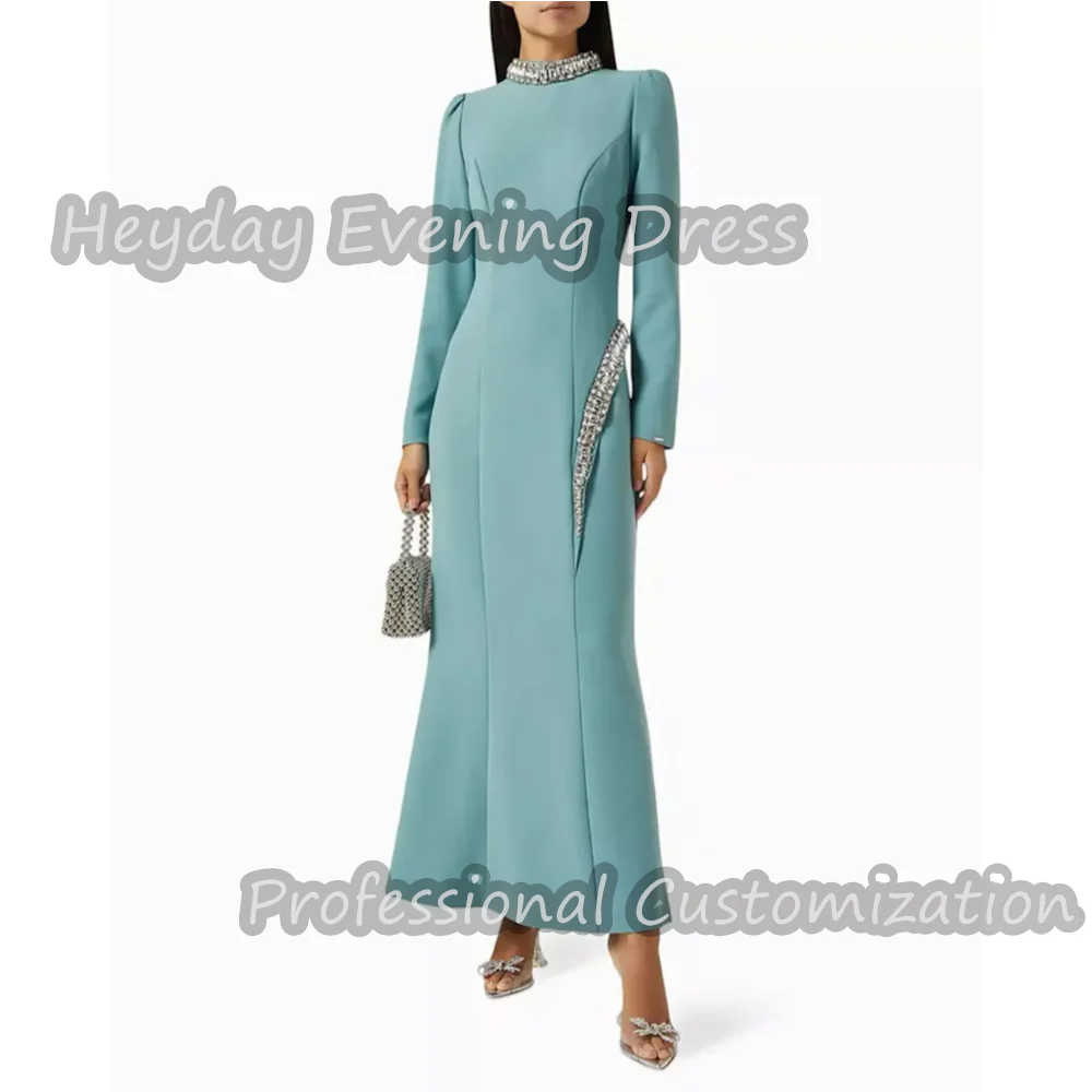 

Heyday Saudi O-Neck Prom Party Gown Ruffle Crepe Long Sleeves Mermaid Sexy Ankle Length Elegant Dress For luxurious Woman 2024