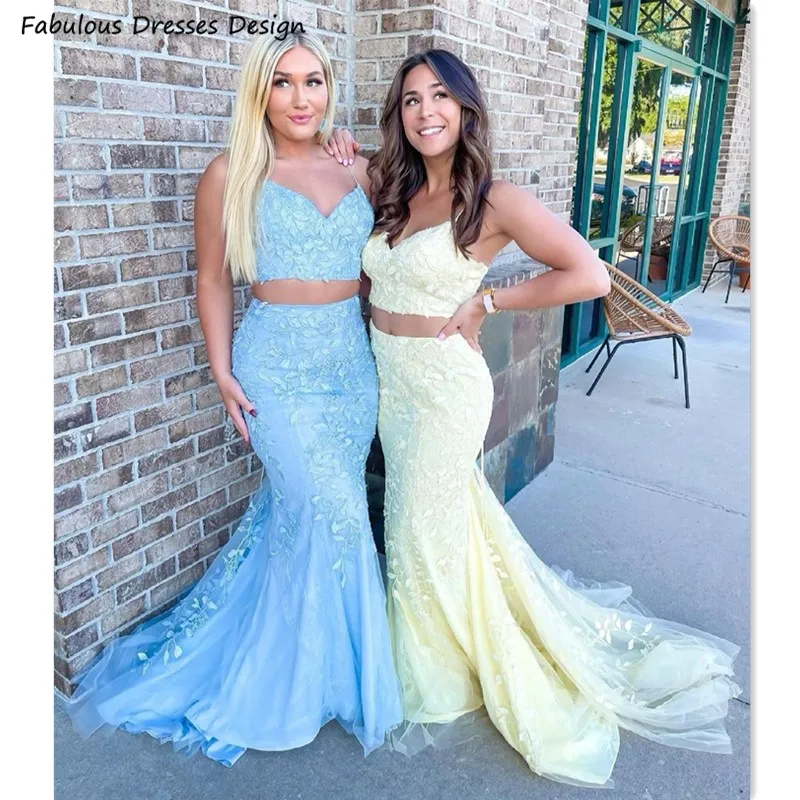

Two Pieces Mermaid Bridesmaid Dresses Applique Lace Spaghetti Straps V-neck Tulle Long Wedding Party Dress For Women Prom Gown
