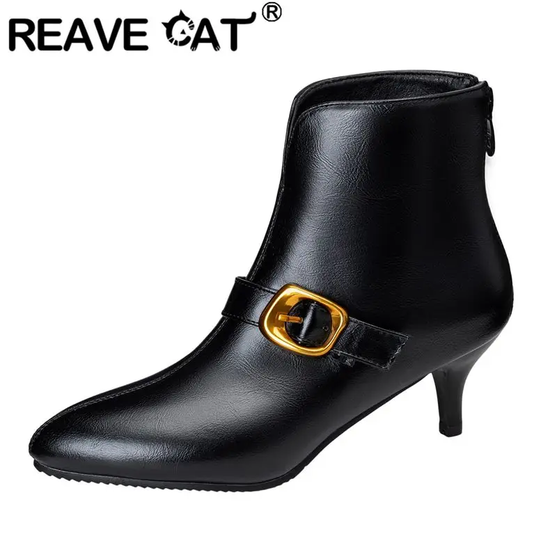 

REAVE CAT Роскошная женская обувь с низким вырезом, острый носок, тонкие каблуки 6 см, слипоны из металла, большой размер 46 47 48 Офисные женские ботильоны