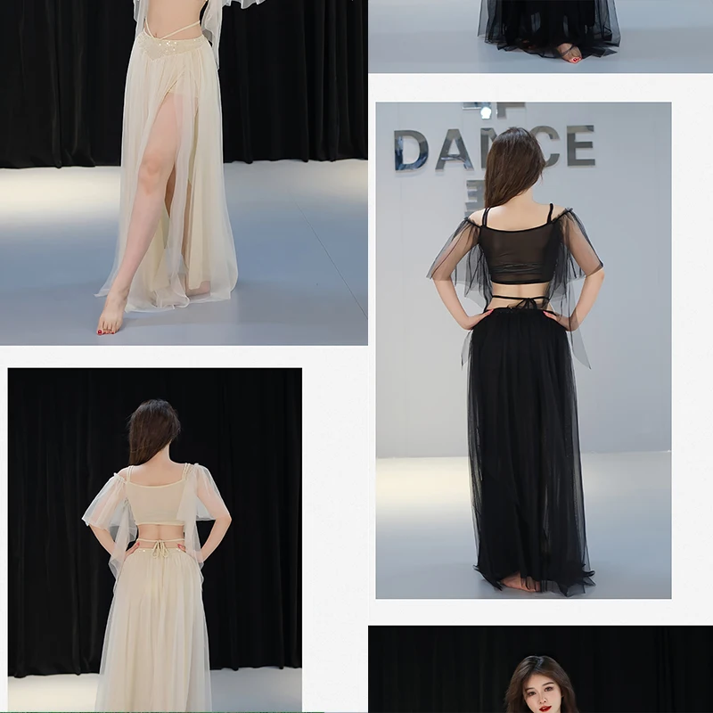 Buikdanskostuums voor vrouwen Top + rok 2-delige mesh rok Set danskleding Prestaties oefenkleding Dansoutfits Pak