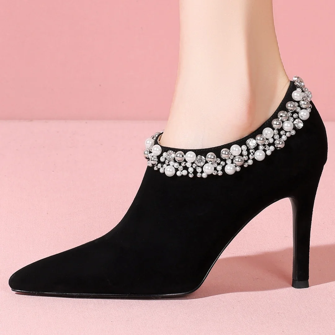 

Plus size 33-41 women's natural suede leather pointed toe beading decoration side zip pumps 9cm ultra high heel evening shoes