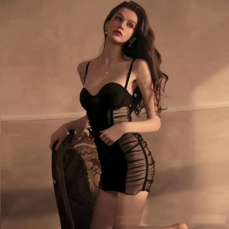 Lady Push Up Sheer Patchwork Sexi Robe Femmes Hotsweet Ruch Vin Rouge Noir Blanc Festival Vacances Date Anniversaire Femme Emo Robe