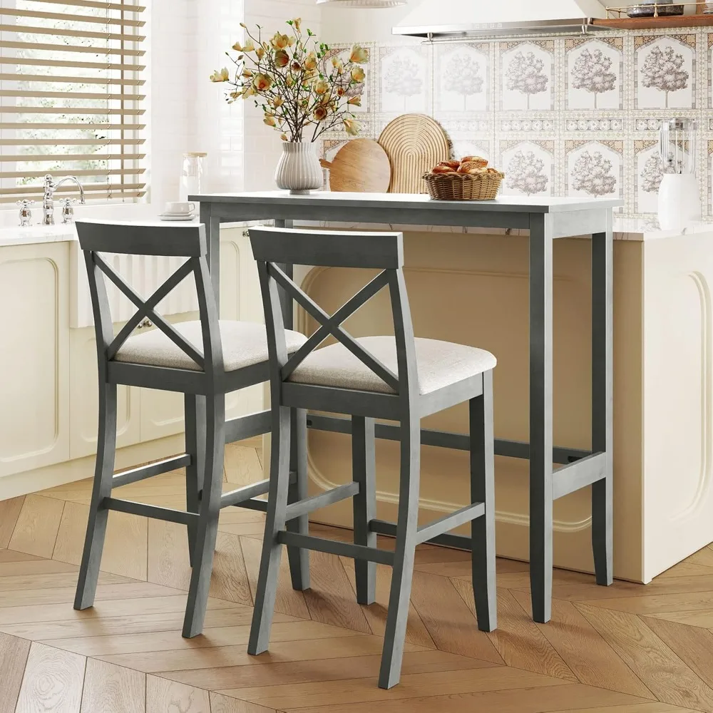 

3 Piece Bar Table Set, Rustic Bar Height Kitchen Dining Table Set for 2, 48”Rectangular Dining Table with 2 Chairs for Small Pl