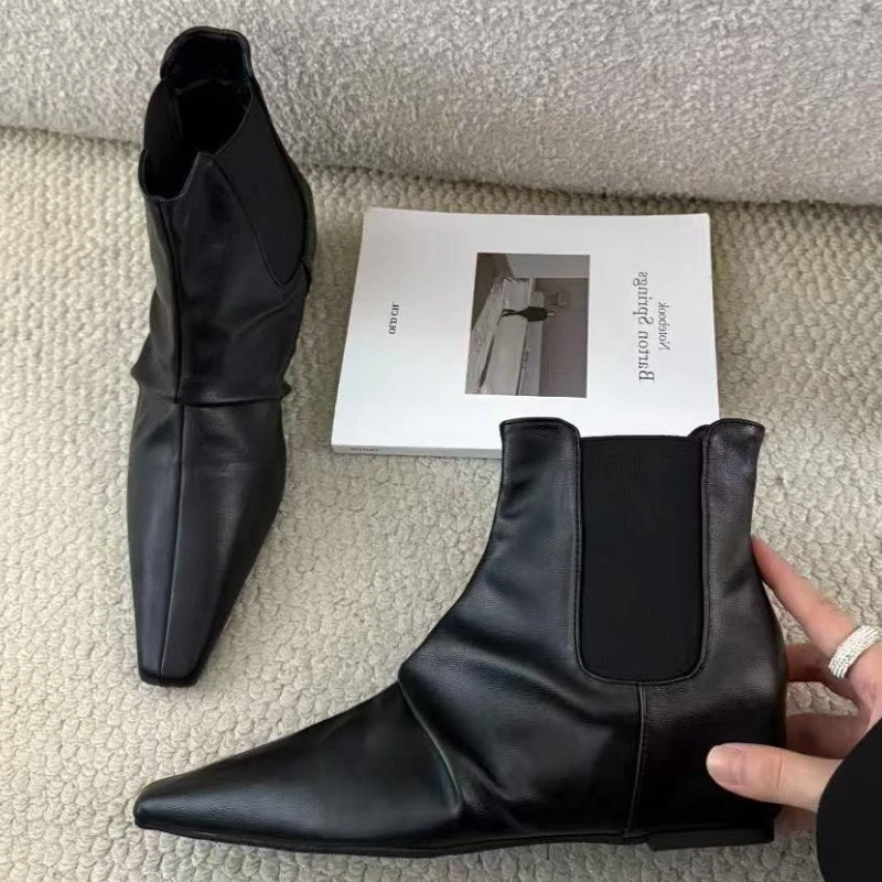 

Черные женские ботильоны из мягкой кожи, зимние плиссированные теплые ботинки челси с квадратным носком, удобные водонепроницаемые нескользящие ботинки Botas Mujer