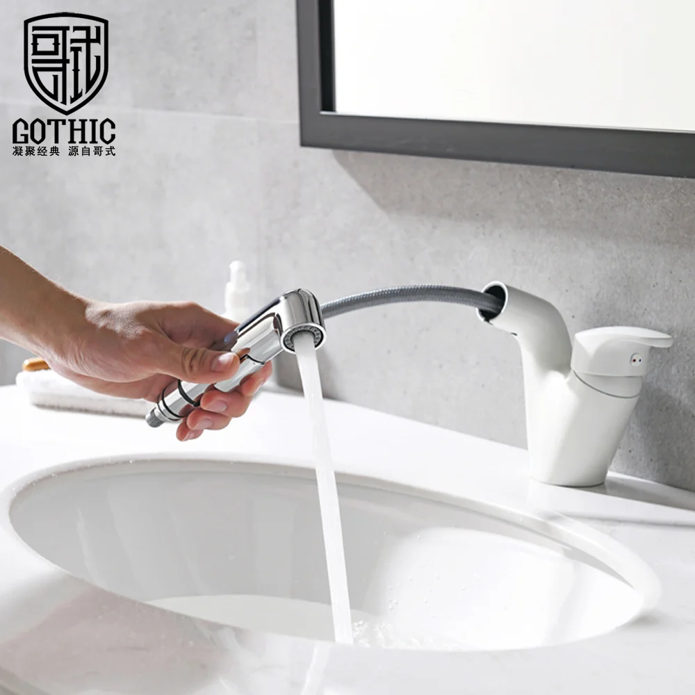 

Bathroom Basin Faucet Black White Chrome Single Handle Pull Out Spray Sink Tap Hot And Cold Water Mixer Deck Mount Bath Faucets