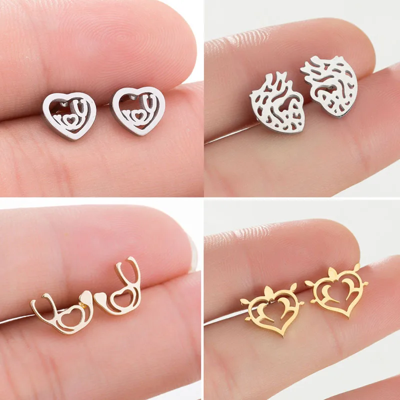 Stainless Steel Medical Medicine Earrings Stethoscope Electrocardiogram Heart Shape Stud Earring Nurse Doctor Jewelry Pendientes