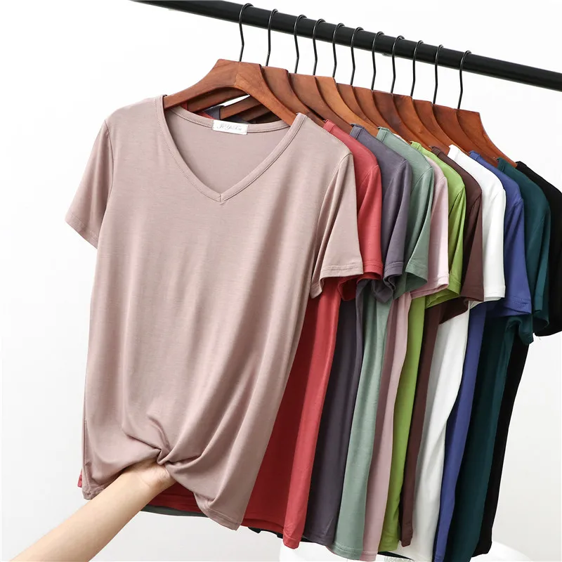Modal Women's Base Shirt Summer New Style V-Neck Short Sleeve Slim Fit Home Wear Trendy Mask Print T-Shirt Casual Commute Style