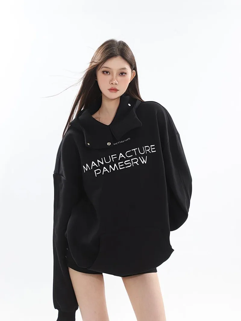 Women's Casual Hooded Sweater, Long Sleeve Pullover, Monochromatic, Letter Print, Round Neck, Autumn, Winter, New, Y2k