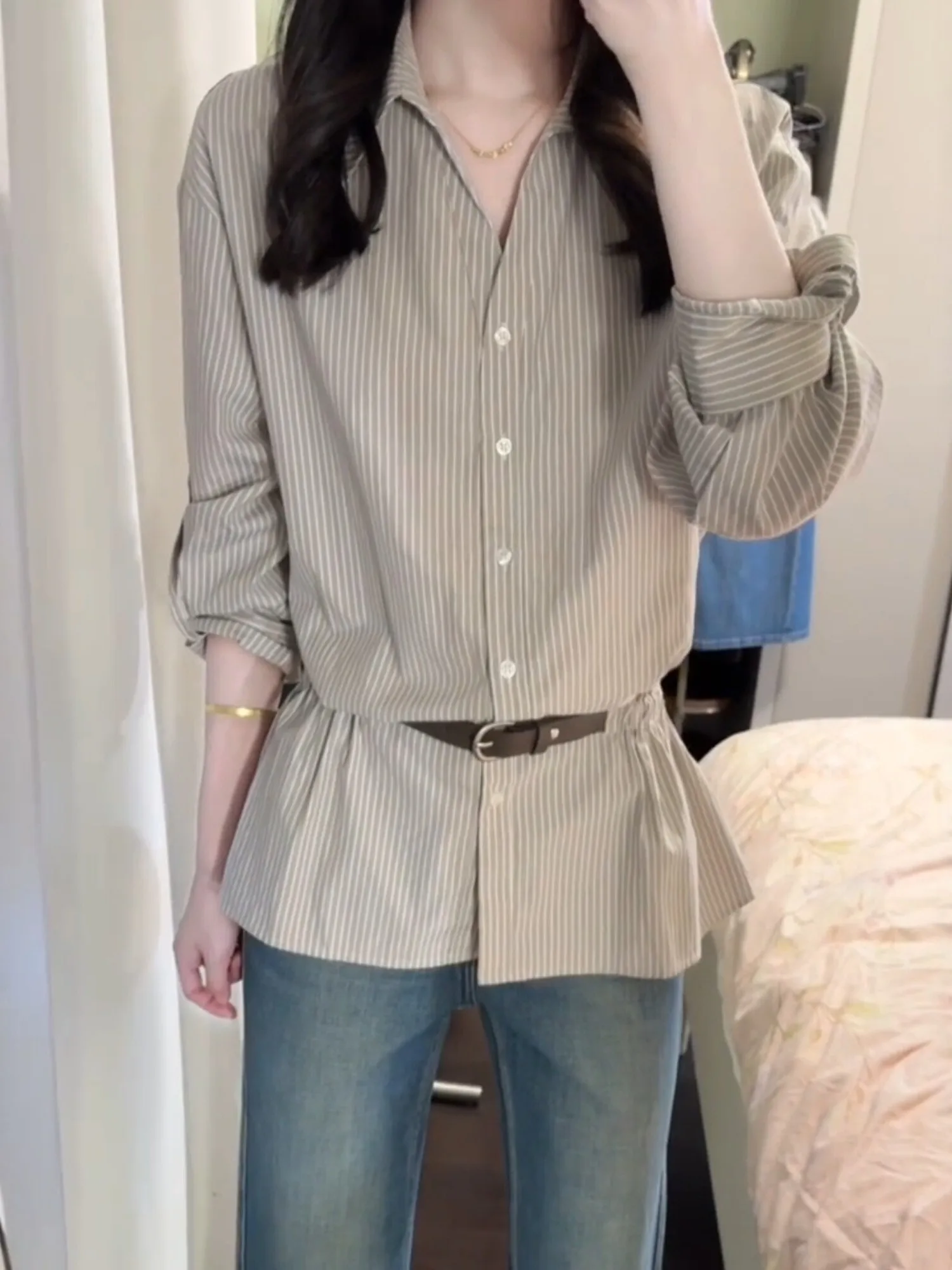 

Loose Fit Striped irt Women's Spring Autumn New Sle Long Sve Slimming Waist Design Unique Beautiful Korean Lazy Sle