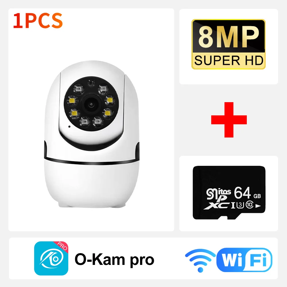 Câmera de rede Hifi de 8MP, rastreamento automático, câmera de segurança doméstica inteligente com visão noturna completa, vem com uma placa de armazenamento de 64G
