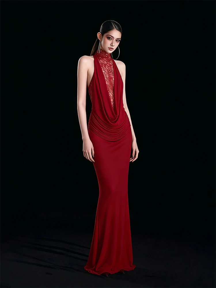 

Ele Lace Splice Long Dr Women's Faion Slim Fit Evening Gown Ball Dr Sli Zipper Sle mid Waist Polyester Fiber