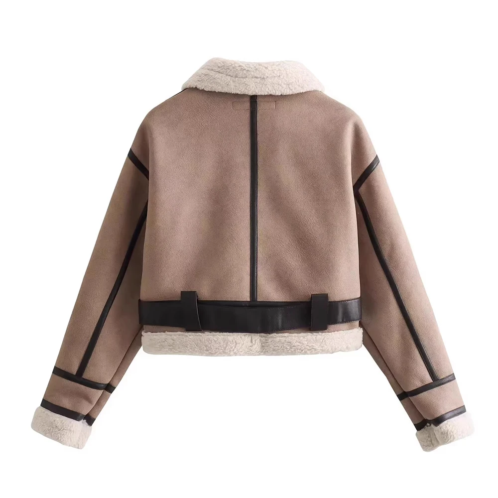 Inverno donna Streetwear Zip finta pelle di agnello giacca corta in pelliccia con cintura Moto Biker spessa calda pelle di pecora PU cappotto Outwe