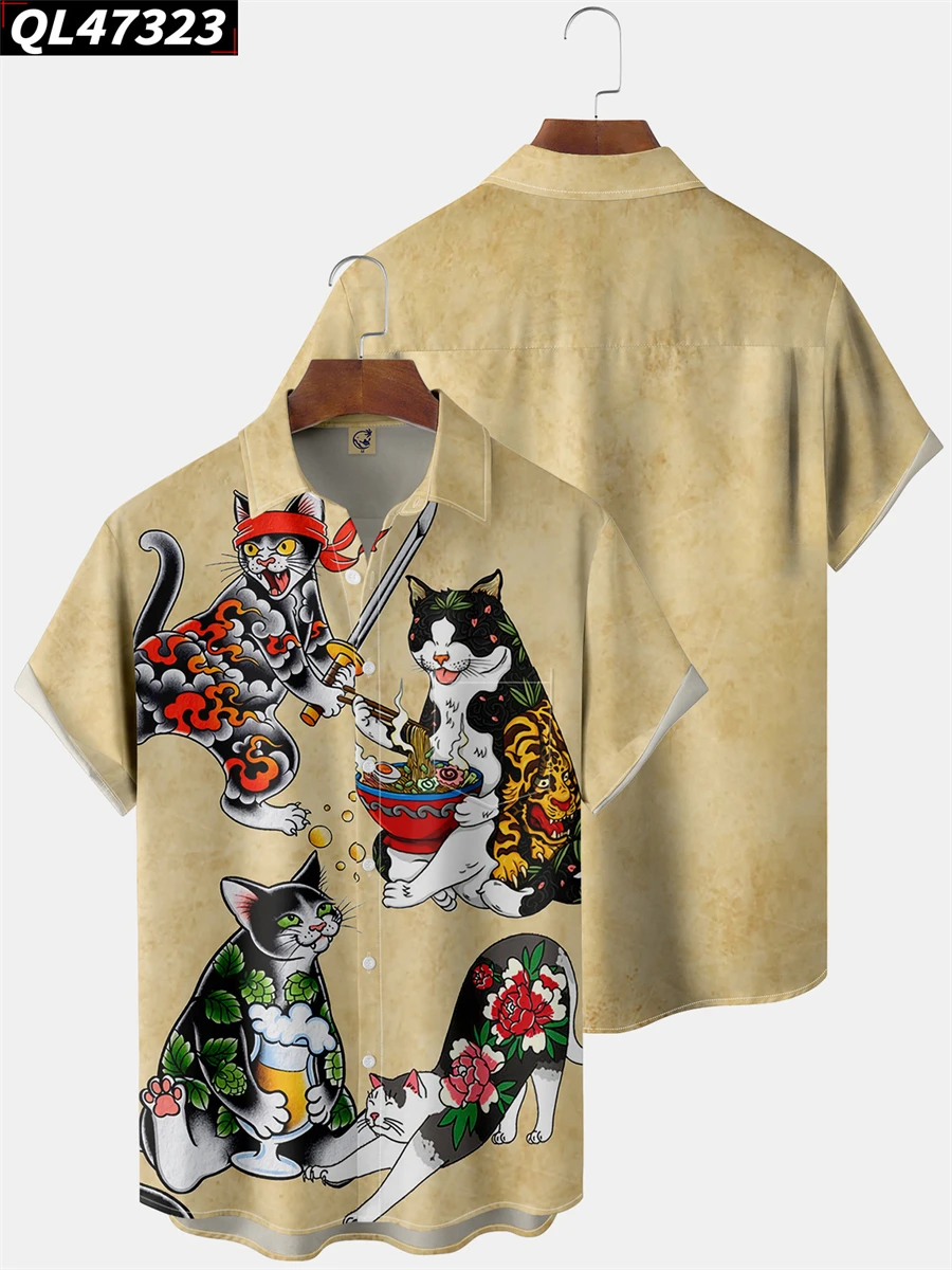 

Летняя мужская рубашка с милым принтом кота, модная уличная одежда, блузка с коротким рукавом, верхняя рубашка, повседневная одежда