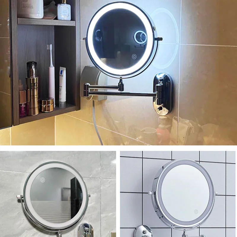 Bathroom White Smart Makeup Mirror 8-inch Folding LED Makeup Mirror 3X Magnification Double-sided Battery Mirror