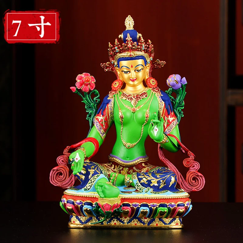 high grade colored draw Buddha statue -bless family Safety Health luck efficacious Talisman Green Tara Guanyin Buddha statue