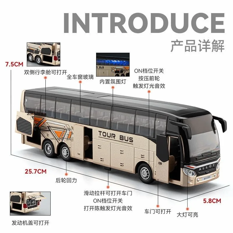 1:30 scale luxury tourist coach bus alloy diecast model bus with open doors light sound pull back kids toy collection gift