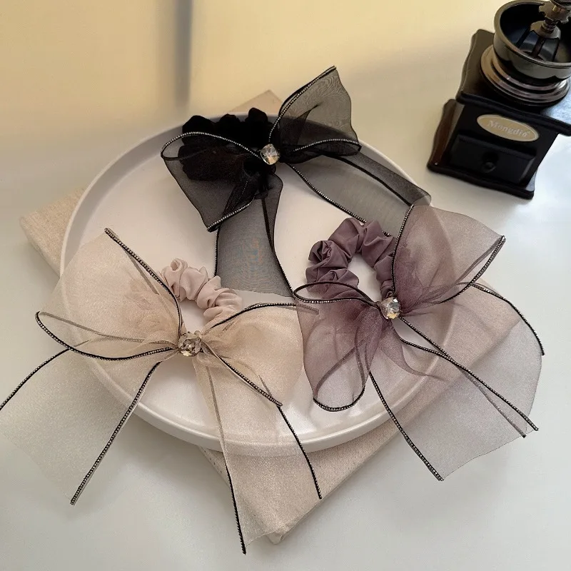 Korean Light Luxury Style Tulle Bow Hair Scrunchie with Crystal Rhinestone Edge, Elegant Elastic Hair Tie for Women