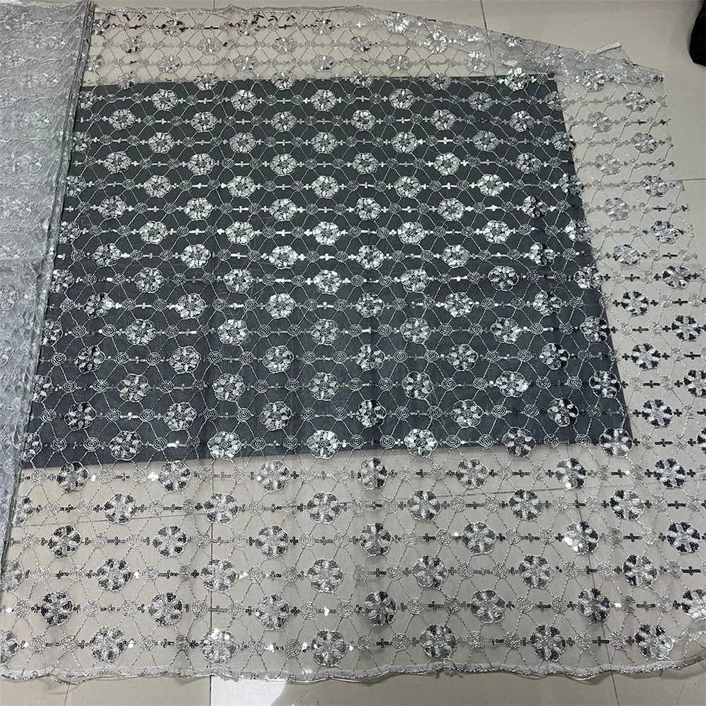 الأفريقي النيجيري عالية الجودة 2025 الترتر تول لفساتين الحفلة الراقصة الدانتيل النسيج التطريز صافي القماش الخرز الخياطة 5 ياردة ZJ049