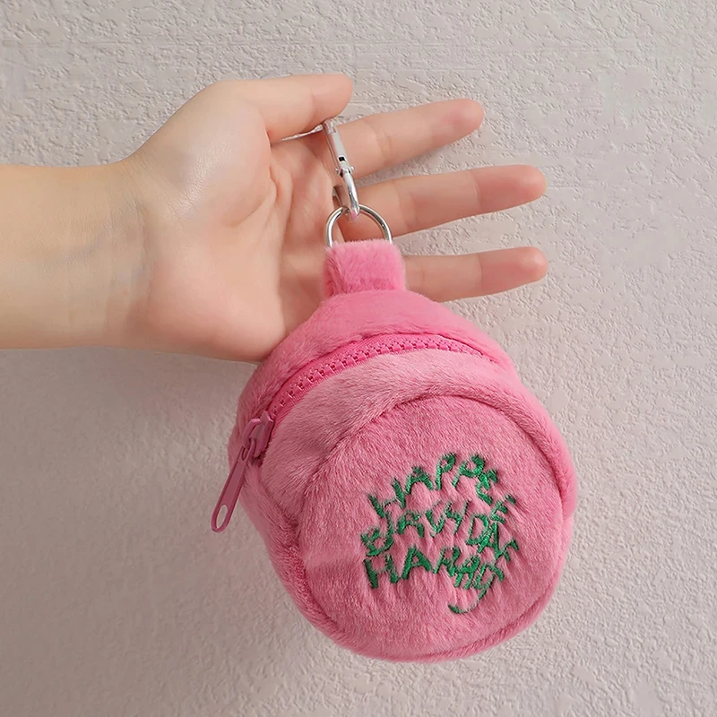 Mini monedero rosa, bolsa de almacenamiento con cable para auriculares, punto Kawaii, bonito bolso portátil de peluche, monedero, bolsa para pastel