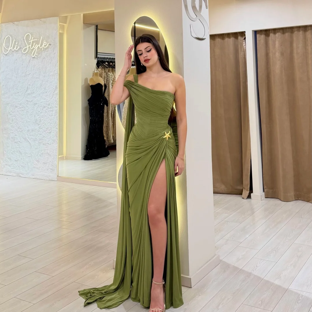 Amanda Customized Olive Green One-Shoulder Prom Dress Ruched Fabric Star Decor High Slit vestidos de noche Draped Train Formal image 3
