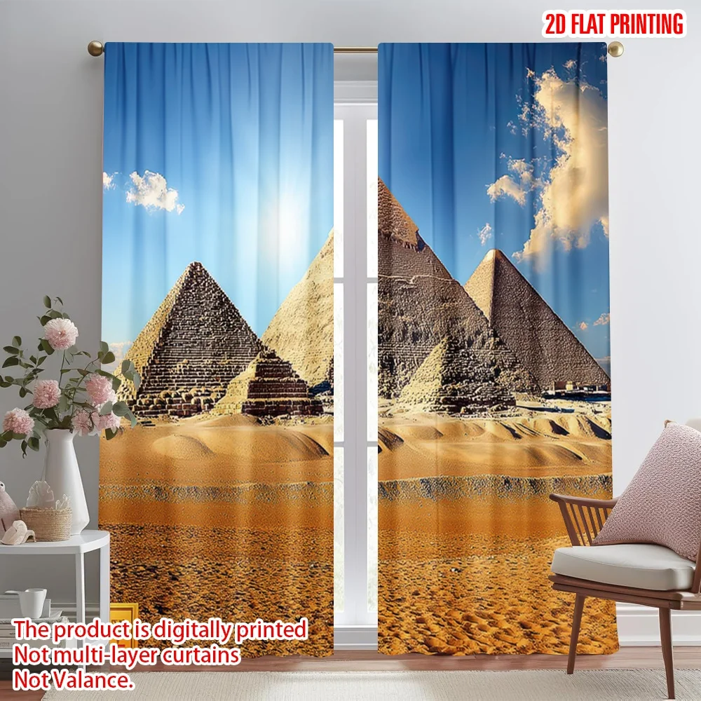 

2D flat printing 2pcs Drapes Pyramids Under Sunny Sky Digital Printed Polyester Drapes Festive Wall Decor for Photo Booths &