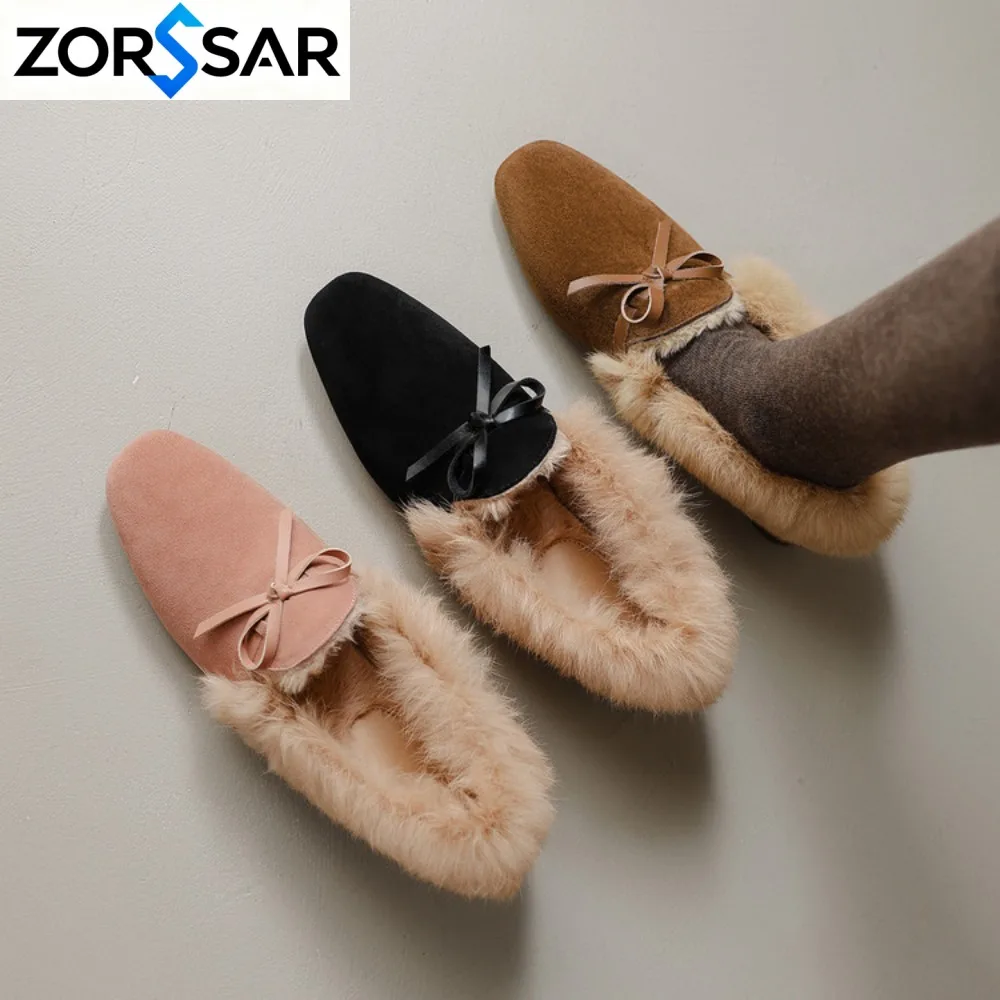 Women Winter Shoes New Moccasins Soft Low Heel Non-slip Loafers Fashion Comfort Warm Plush Bow Slip on Female Cotton Shoes