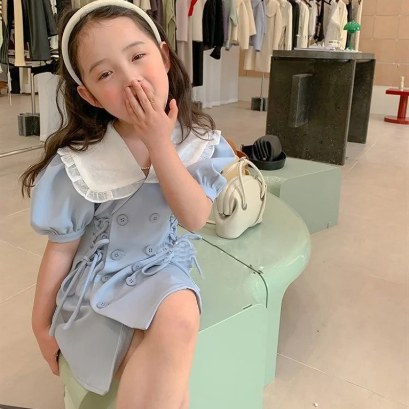 

Girls' Dress Summer New Waist-Tight Large Lapel Puff Sleeve Suit Skirt Children One Piece Dropshipping