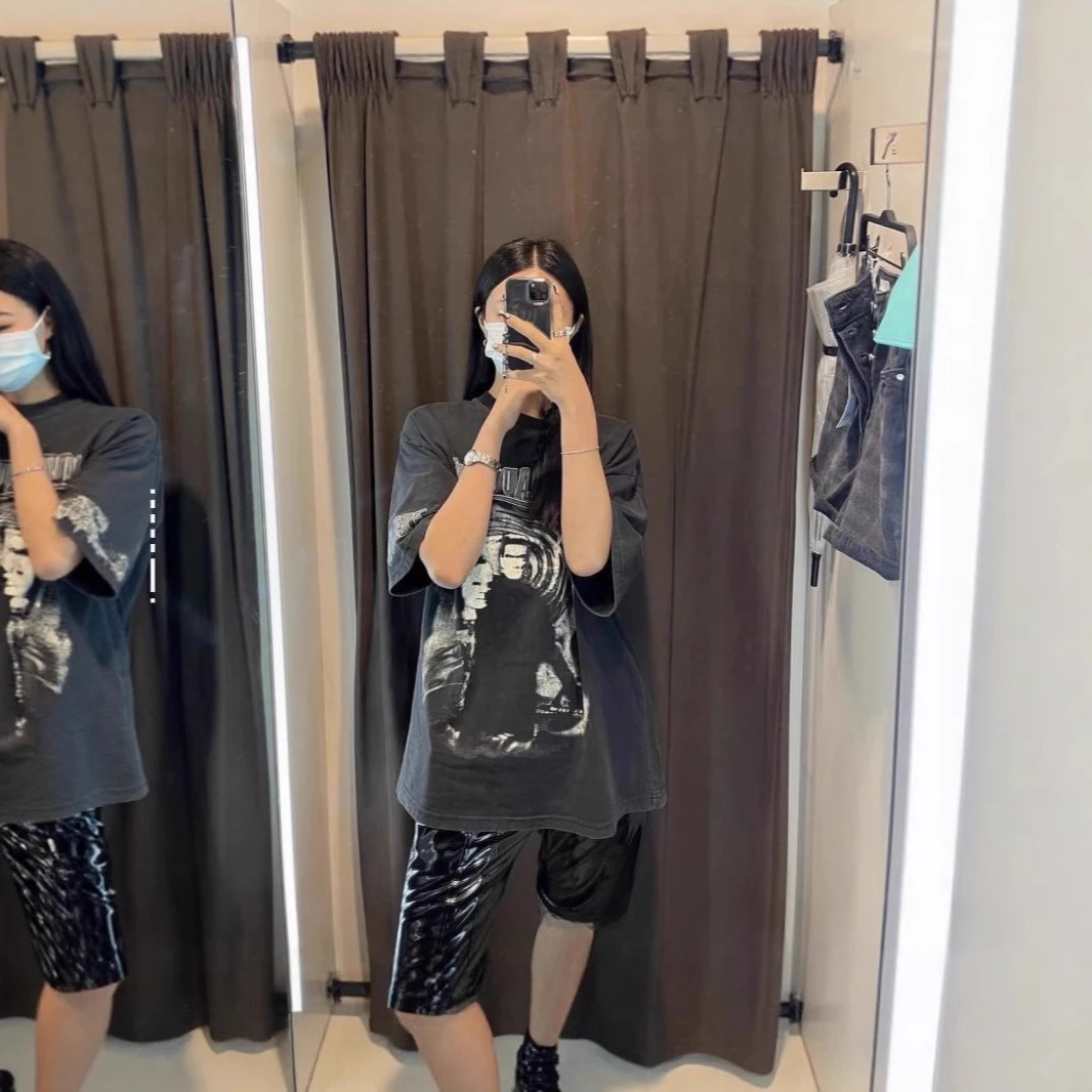 GRAILZ Vintage Washed Letter Character Soul Portrait High-Street American-Style Versatile Hip-Hop Short-Sleeve T-Shirt