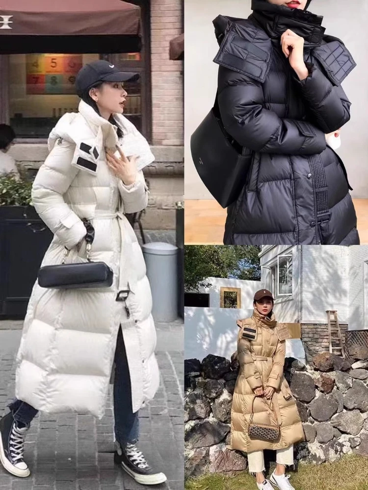 2025 nouveau automne hiver femmes doudoune 90 blanc canard vers le bas manteau ceinture capuche détachable Long manteau épais chaud vêtements d'extérieur à la mode