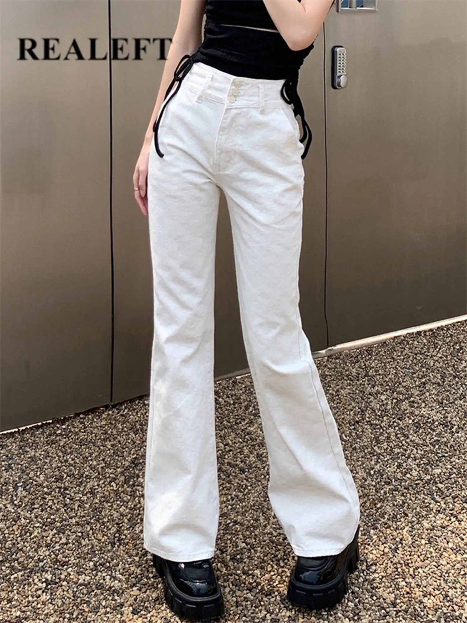 

REALEFT High Waist White Women's Denim Pants 2022 New Retro Washed Buttons Streetwear Straight Casual Jeans Trousers Female