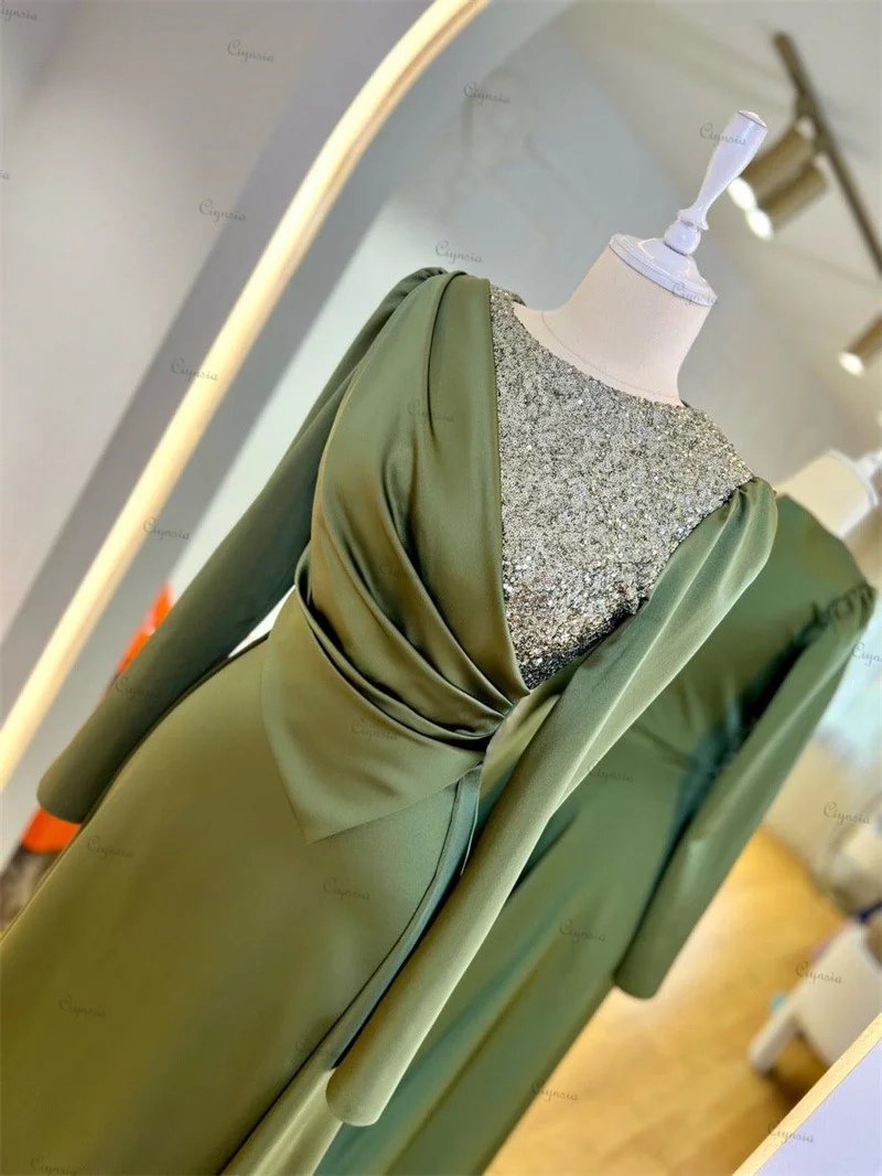 Ciynsia Abendkleider Evening Dress Scoop Neck Long Sleeves Prom Dresses Satin Sequined Sheath Sweep Train فساتين مناسبة رسمية