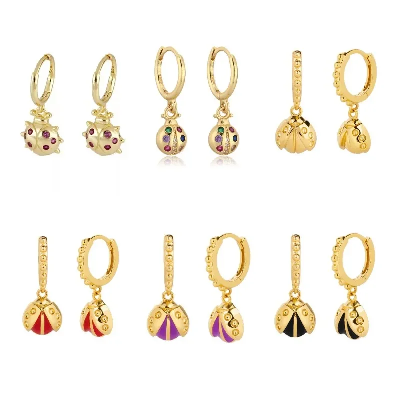 INS Style Cute Animal Ladybug Dangle Ear Buckle Rose Red Zircon Enamel Hoop Earrings Women Fashion Jewelry Popular Pendientes