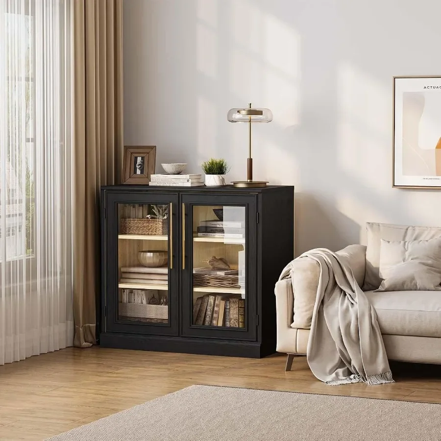 Modern display cabinet with glass doors gold handles for living room, solid wood frame, black sideboard for dining room and ent