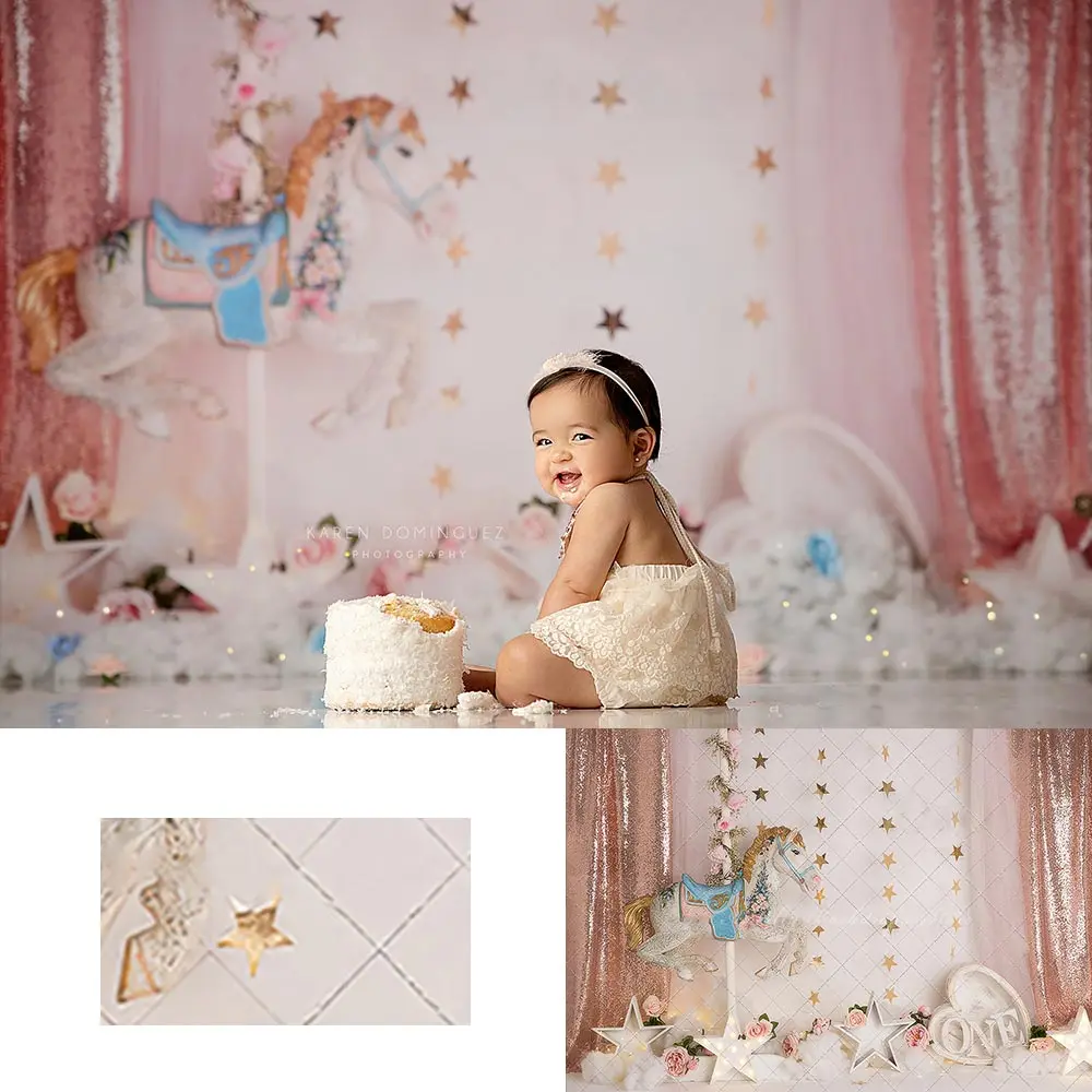 Dream of Carousel Horses Backdrop Kids Baby Cake Smash Photography Props Girls Adult Birthday Studio Backgrounds