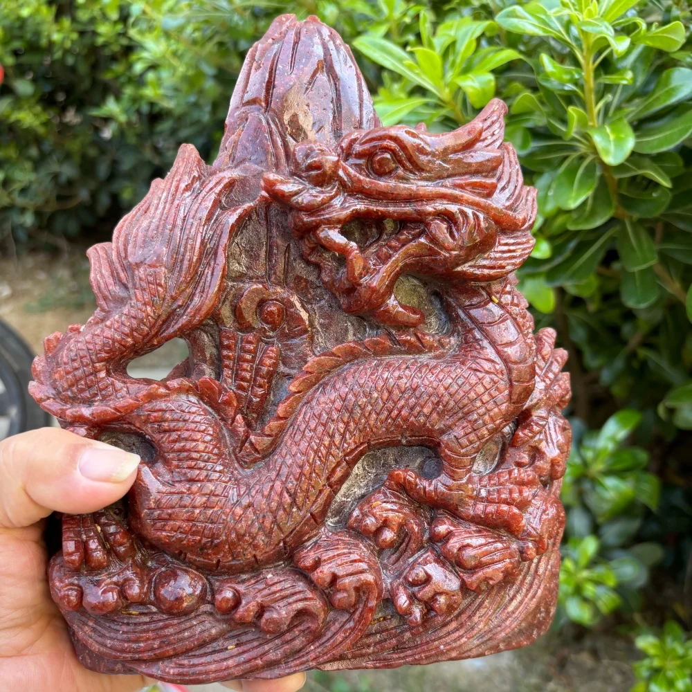 Natural Red Strawberry Quartz Chinese Dragon Crystal Carving - Handmade Stone Sculpture Feng Shui Home Ornament for Decoration