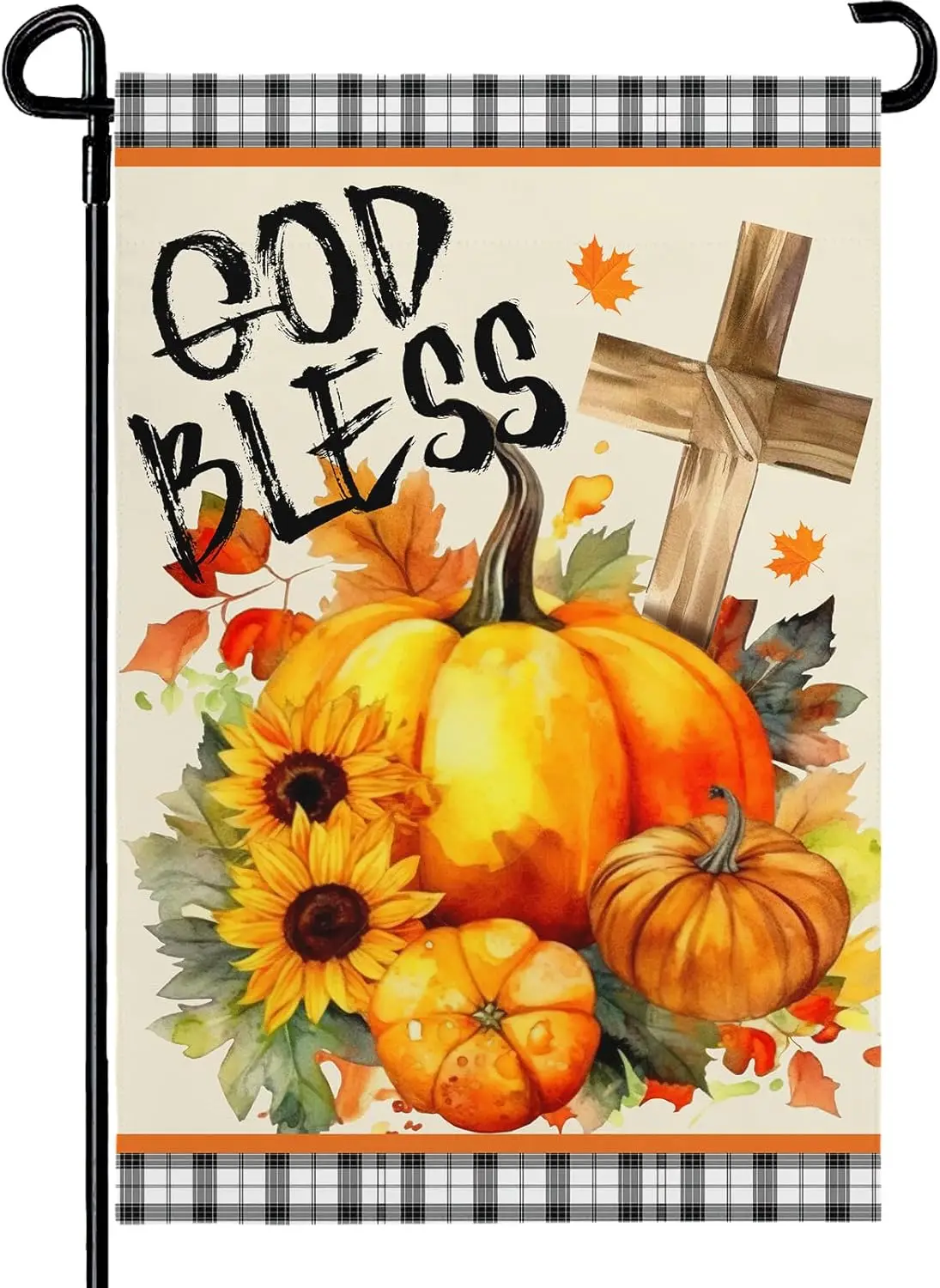 Fall Welcome Pumpkin Garden Flag 12x18 Inch Double Sided Linen Material, Buffalo Plaid God Bless Vertical Yard Flag, Autumn Mapl