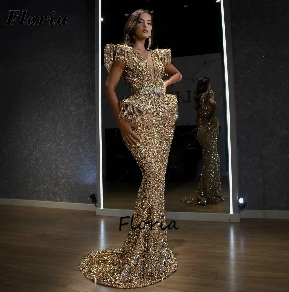 

Heavy Handmade Beaded Evening Dresses Sparkly Gold Sequined Party Dress Vestidos De Gala Arabic Mermaid Celebrity Cocktail Dress