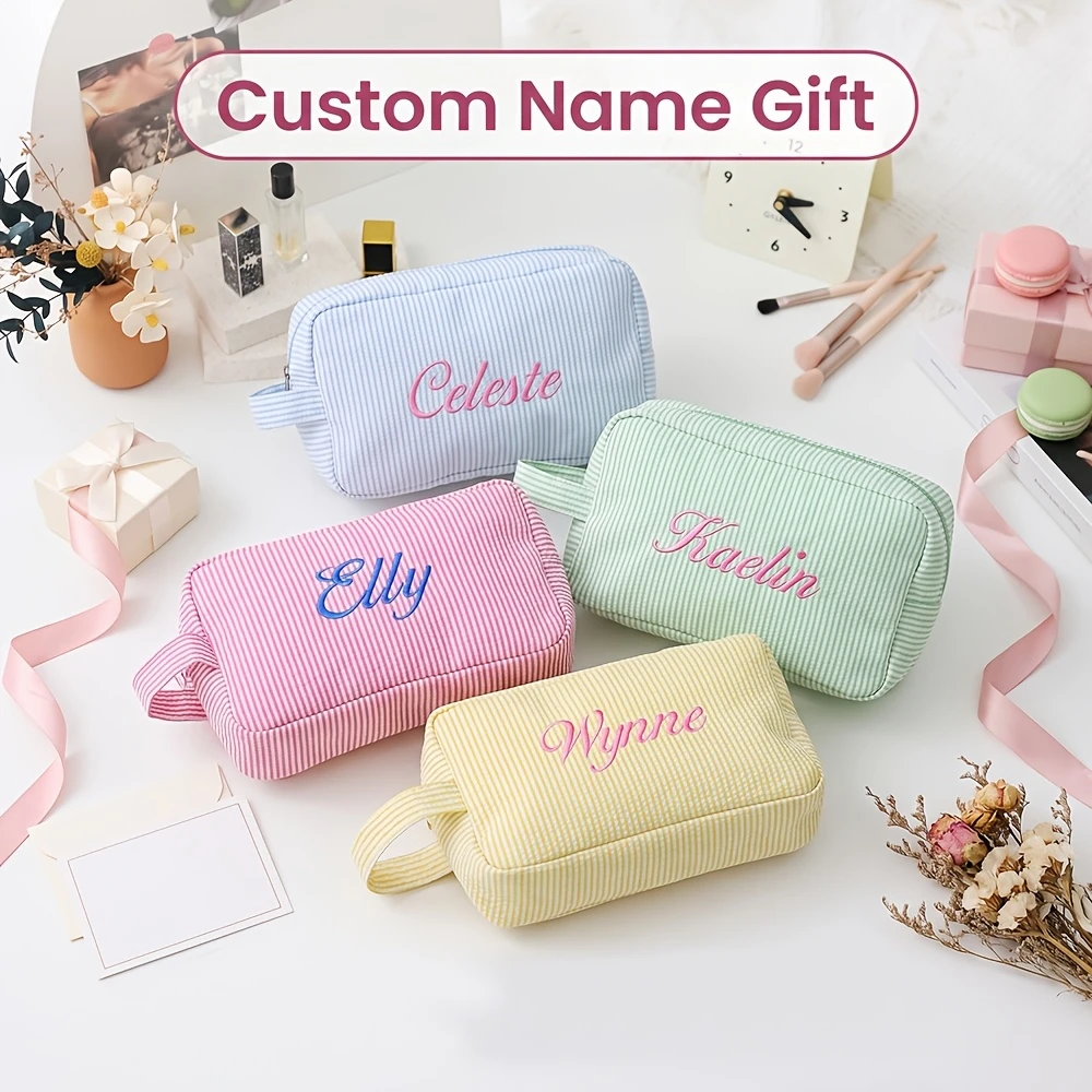Customized Striped Handheld Toiletry Bag, Portable Travel Makeup Storage Pouch, Suitable Gift for Bridal & Bridesmaid on Wedding