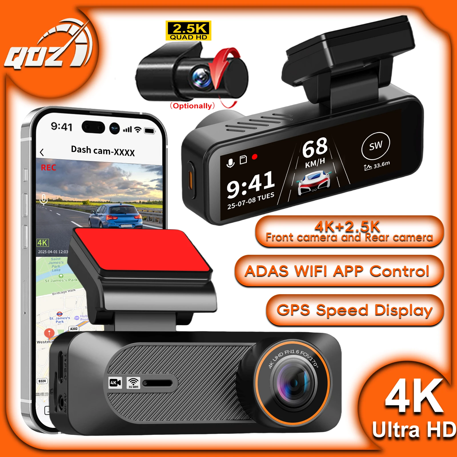 

QOZ Dash Cam 4K Mini Car Dvr 2.5K Rear View Camera Support Dual Lens Built-in WIFI APP Control 24H Parking WDR Night Vision GPS