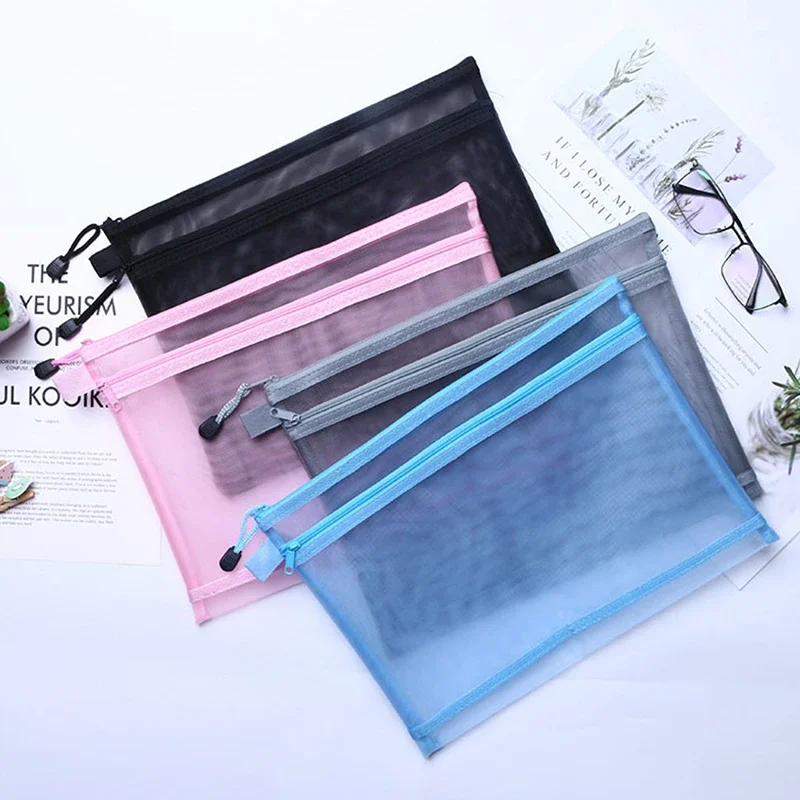 A4 A5 A6 Portable Double-layer Mesh Zipper File Bag Transparent Student Test Paper Data Storage Bag Office Files Stationery