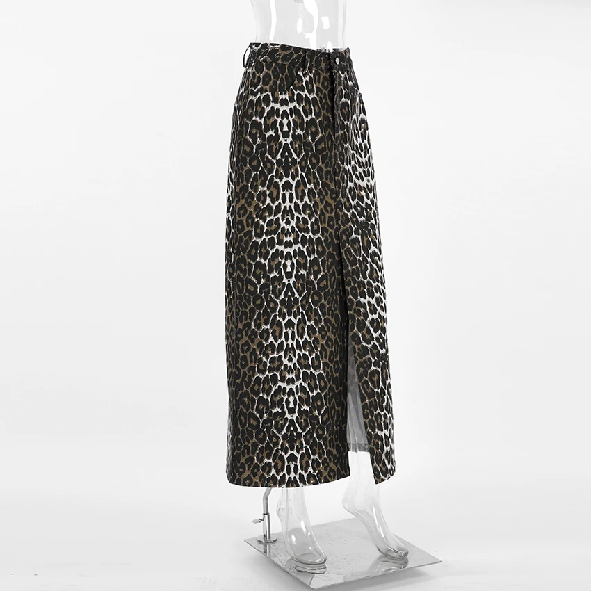 Женская леопардовая юбка средней длины, винтажная юбка макси с принтом, уличная одежда с высокой талией и разрезом, сексуальная женская прямая Длинная юбка, 2024