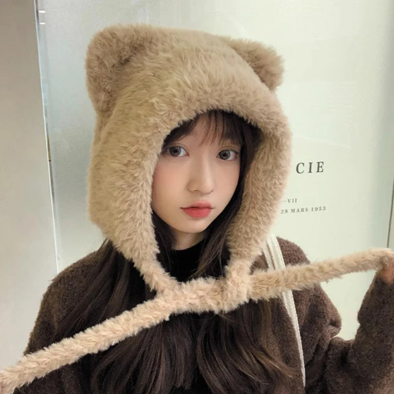 Autumn And Winter New Bear Ear Strap Lei Feng Hat Women's Korean Cute Warm Ear Protection Knitted Wool Hat - view 5