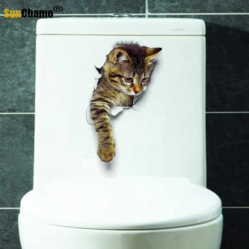 Sunchamo Cute Cat 3D Cracked Toilet Sticker Wall Stickers Fridge Car Seat  Living Bath Room Home Decor Wallstickers Bedroom